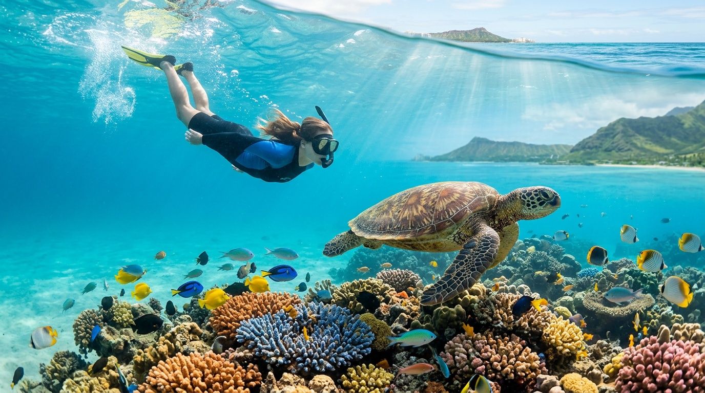 Person snorkeling near a sea turtle over colorful coral reef with fish in clear blue water.