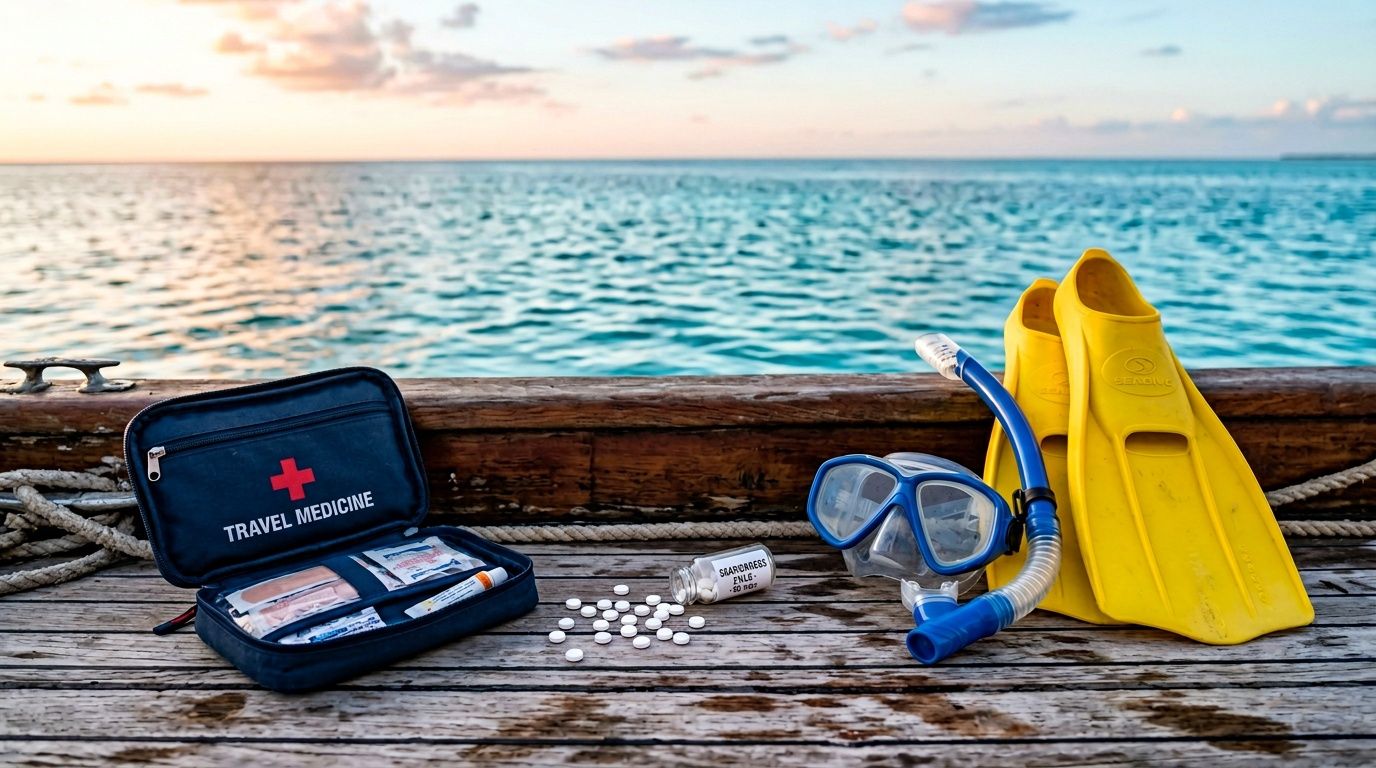 Travel medicine kit, snorkel gear, and pills on a wooden deck by the ocean at sunset.