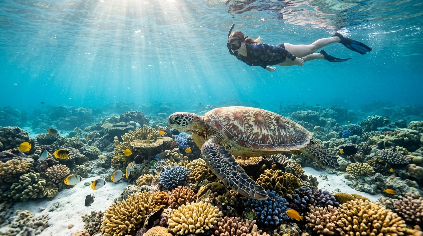 Snorkeler swims above a sea turtle in vibrant coral reef.