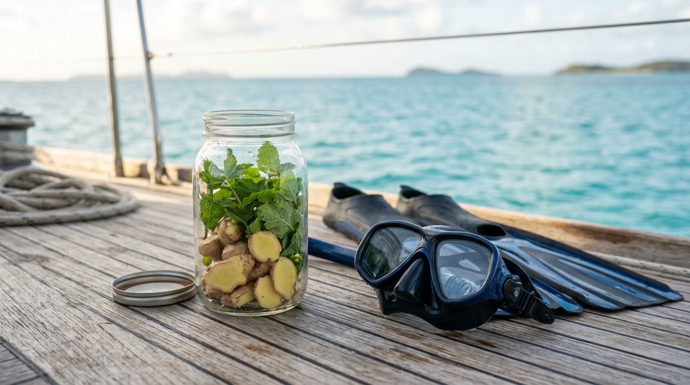 Jar with mint and ginger on boat deck, snorkeling gear beside.