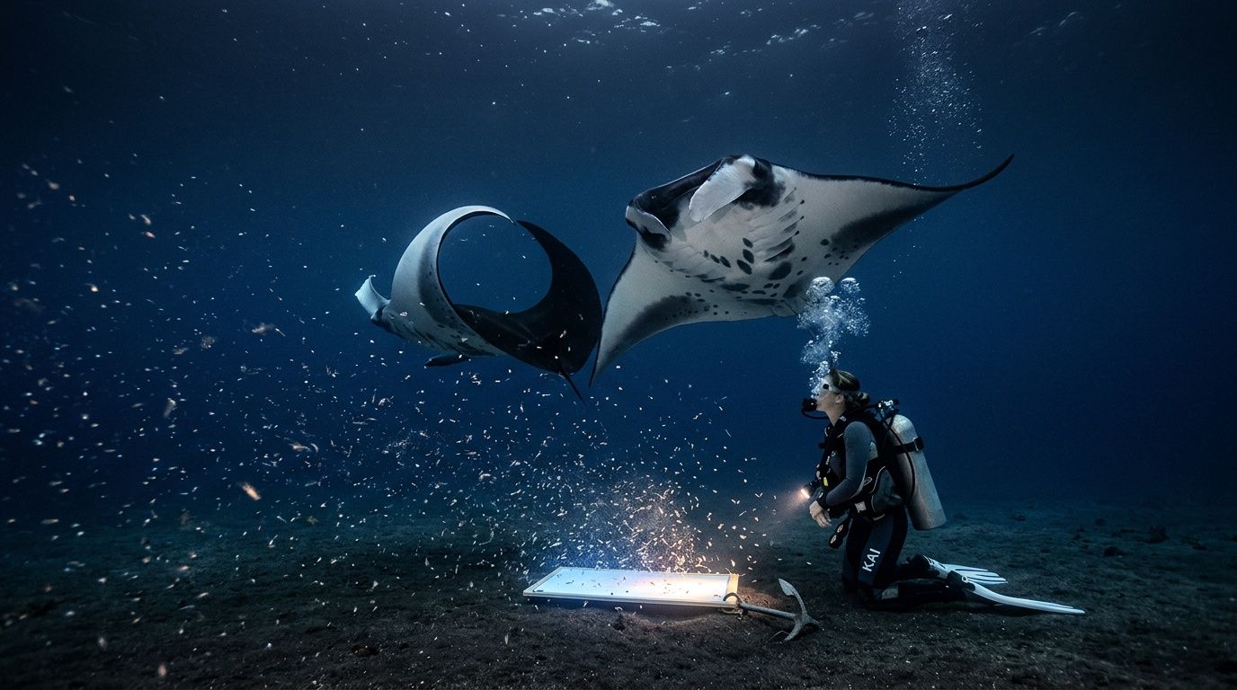 Scuba diver kneels on ocean floor, observing a floating manta ray.