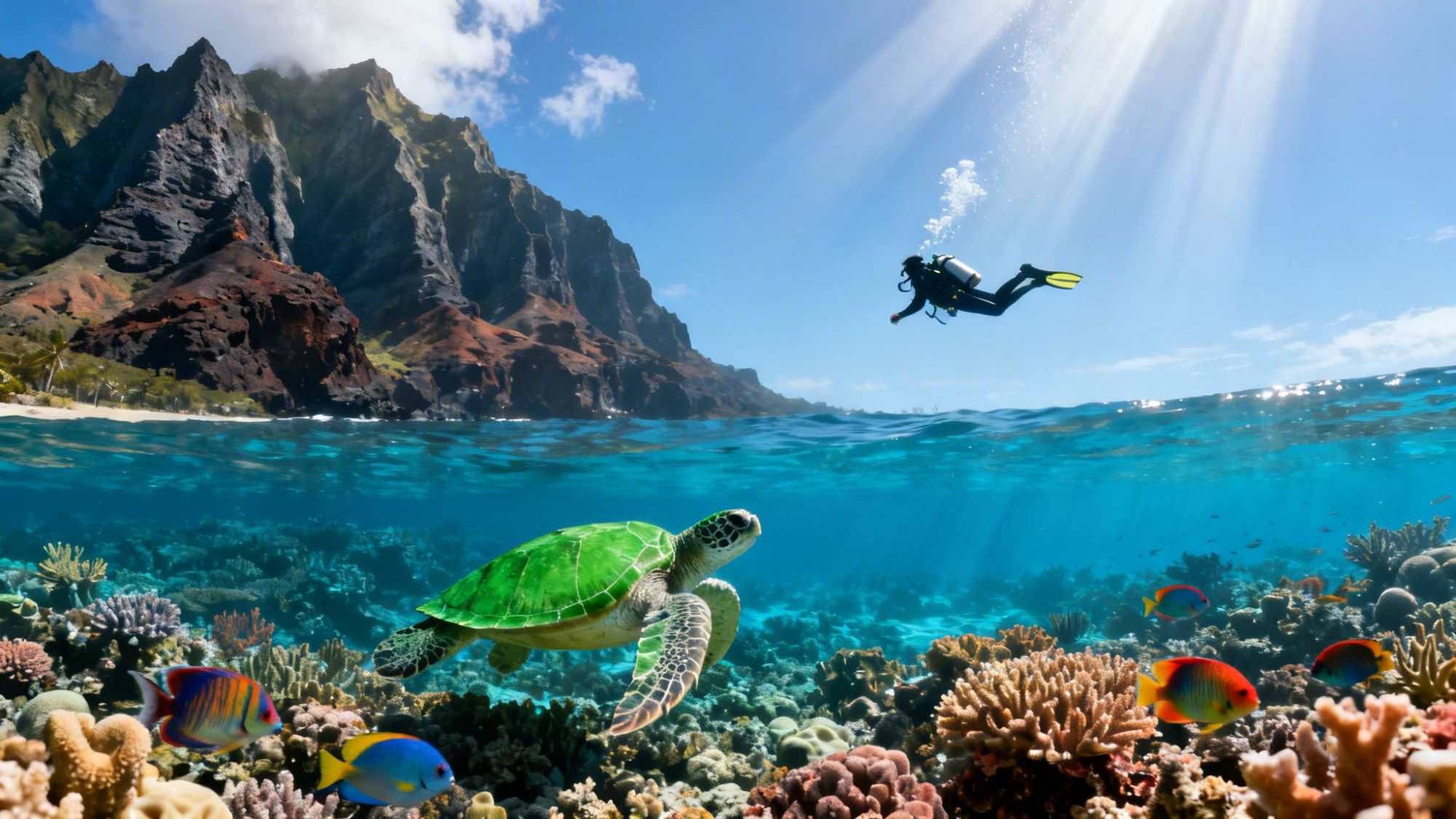 Scuba diver above sea turtle in clear ocean near coral reef, with mountains and sunlight in the background.