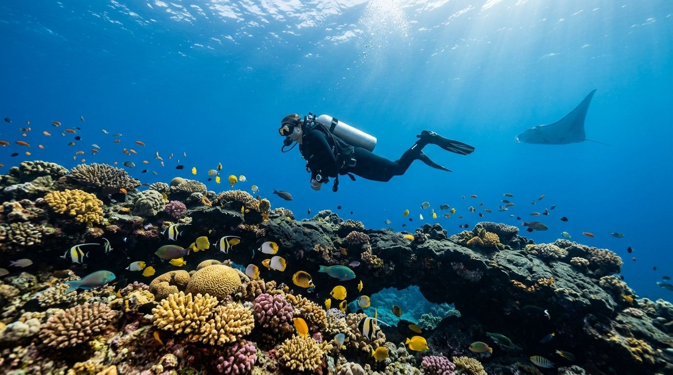 Scuba diver swimming over colorful coral reef with fish and manta ray in clear blue water.