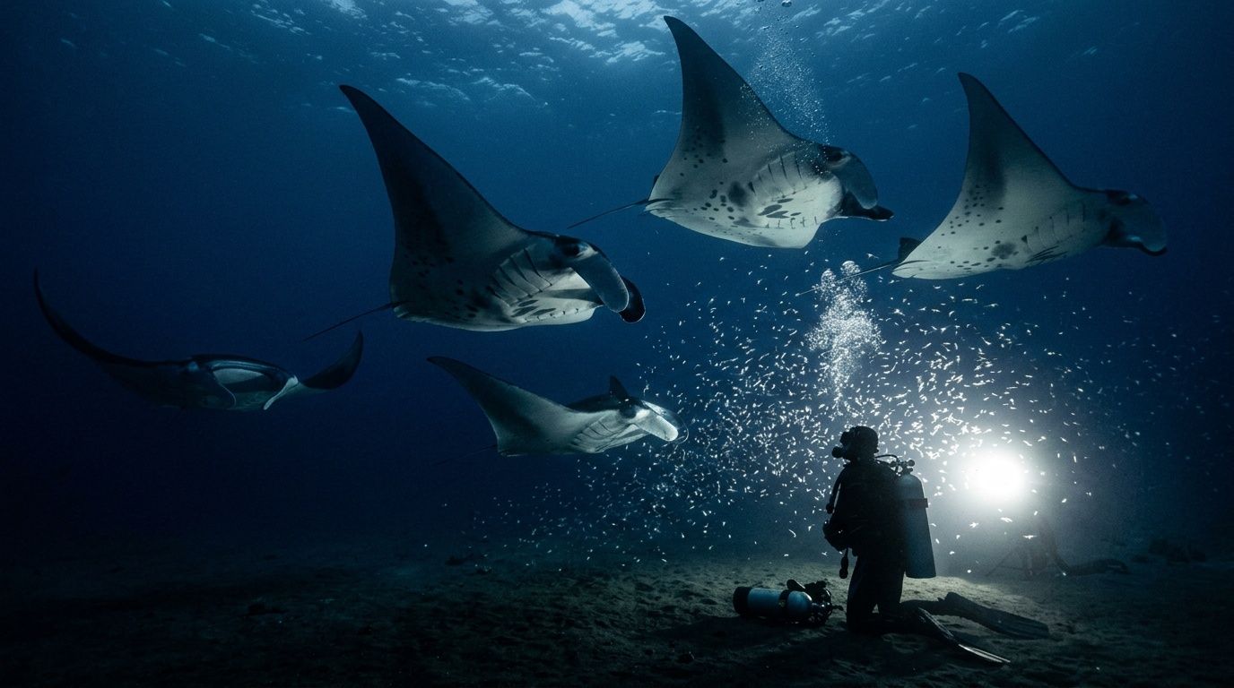 Diver observes large manta rays swimming in dark ocean illuminated by artificial light.