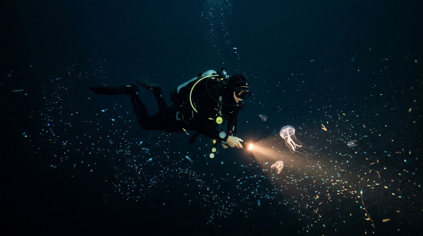 Scuba diver underwater with flashlight near jellyfish