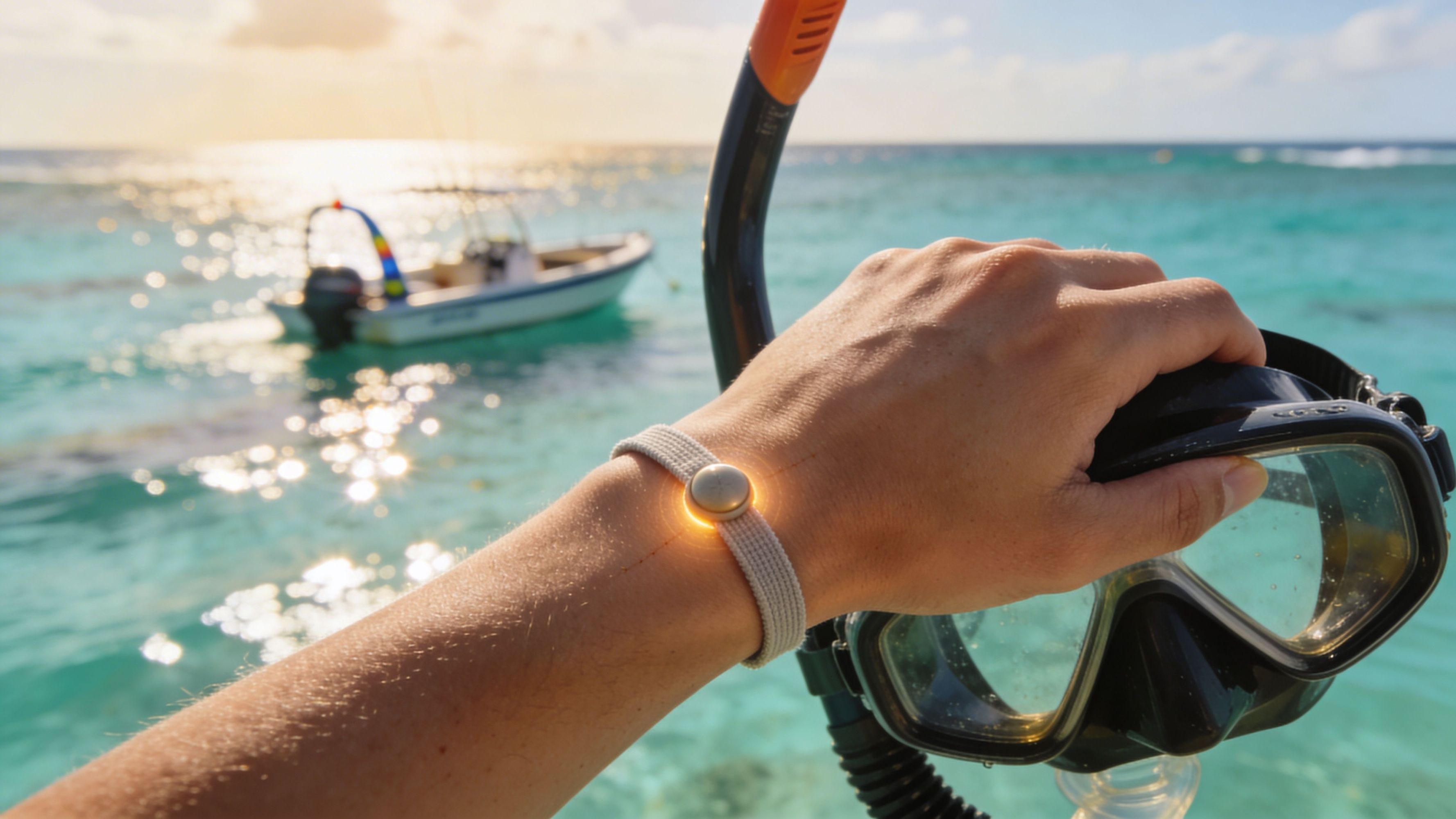 Hand holding snorkel mask above turquoise sea with distant boat.