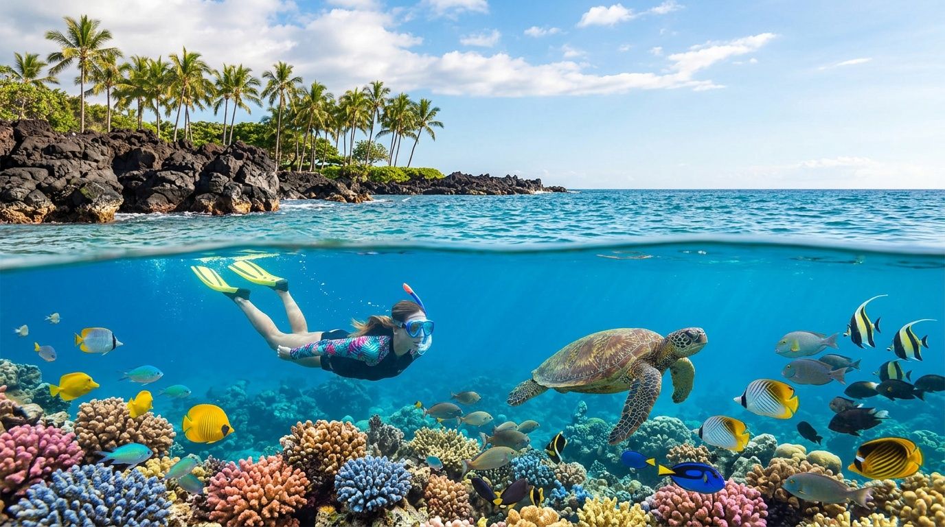 A snorkeler swims near vibrant coral and fish, with a turtle in clear ocean water under a bright sky.