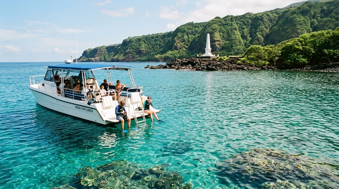 Tour boat with people near lush coastline and monument in clear blue water.