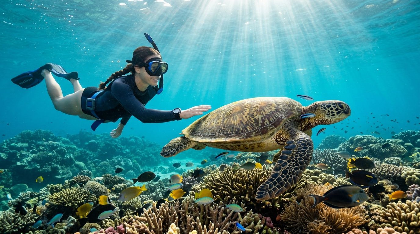 Person snorkeling near a sea turtle over colorful coral reefs.