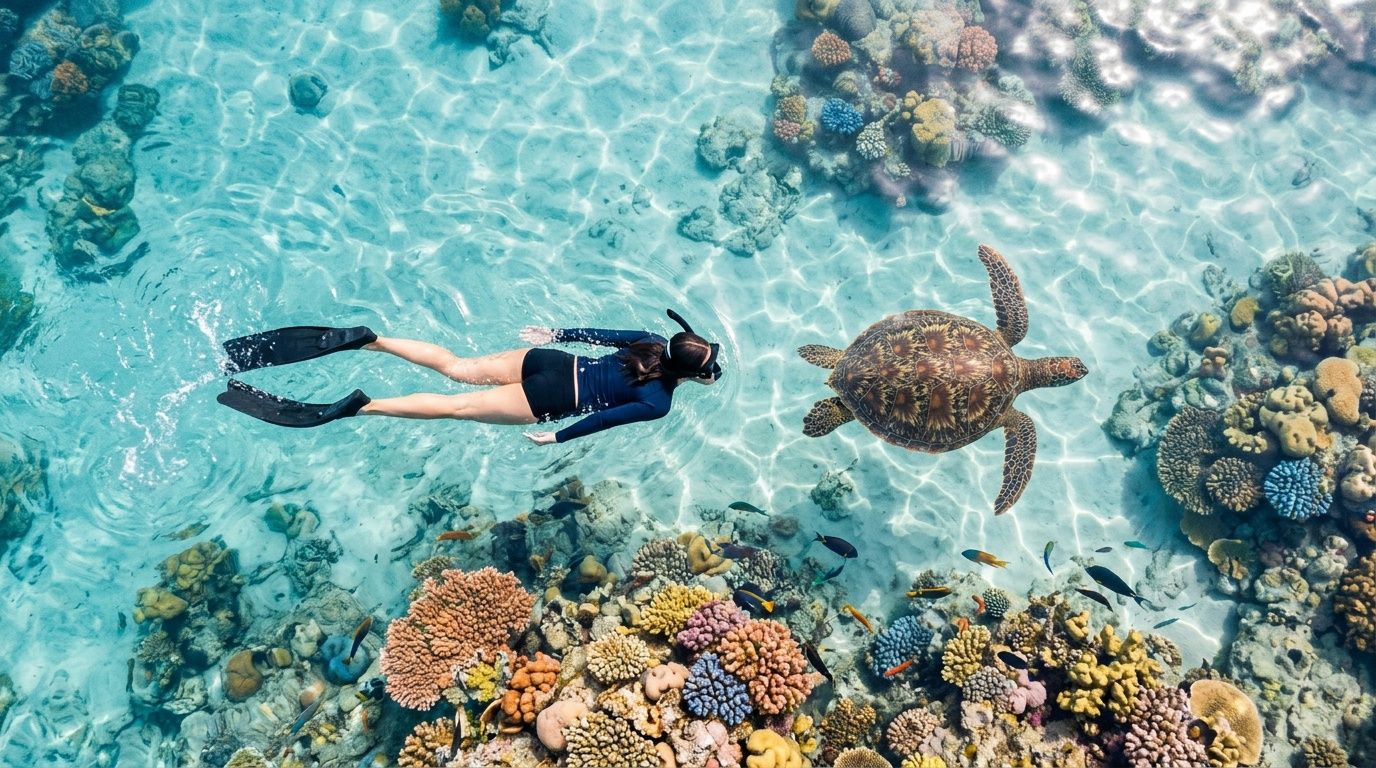 Person snorkeling near a sea turtle over colorful coral reef in clear water.
