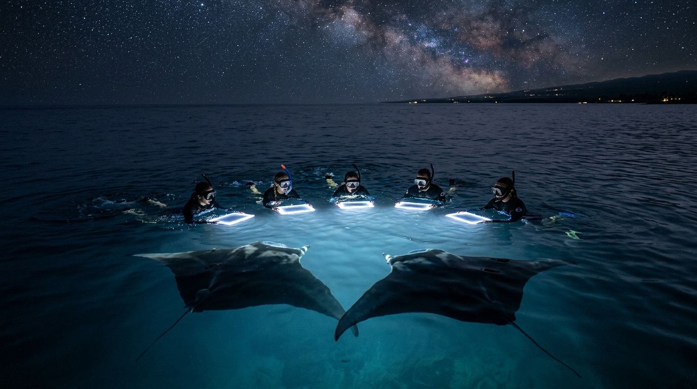 Divers with lights observing manta rays under starry night sky.