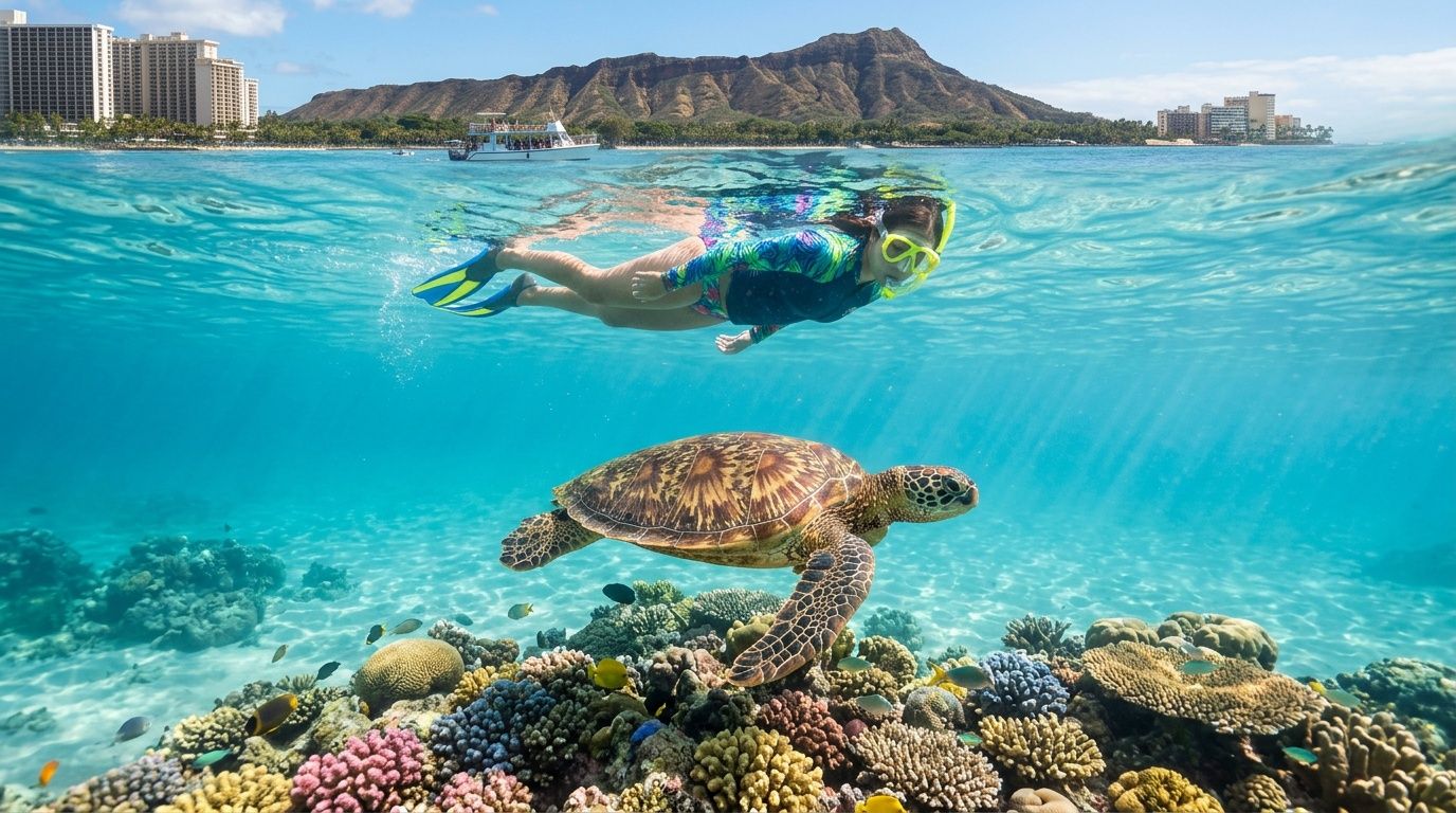 Person snorkeling above a sea turtle near a coral reef with a mountain and city skyline in the background.