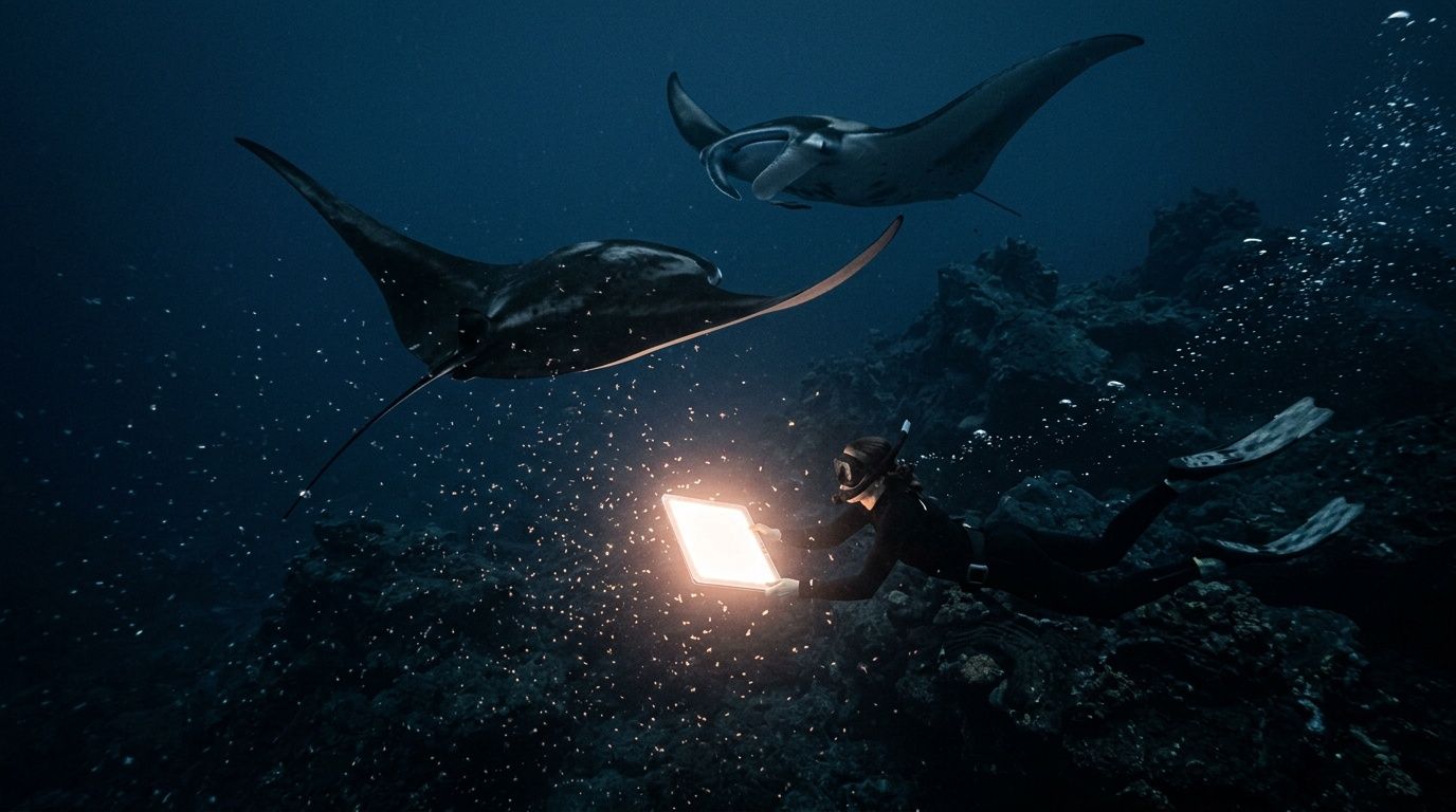 Diver using a glowing laptop underwater with manta rays swimming nearby.