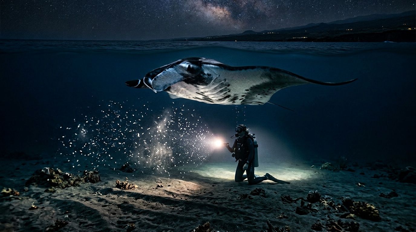 Scuba diver with flashlight observes a manta ray underwater at night with starry sky above.