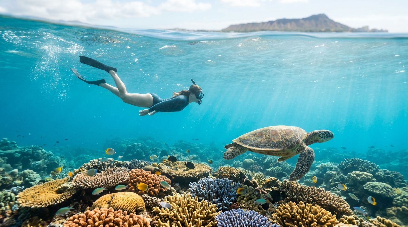 Person snorkeling near a sea turtle over colorful coral reef in clear blue water.