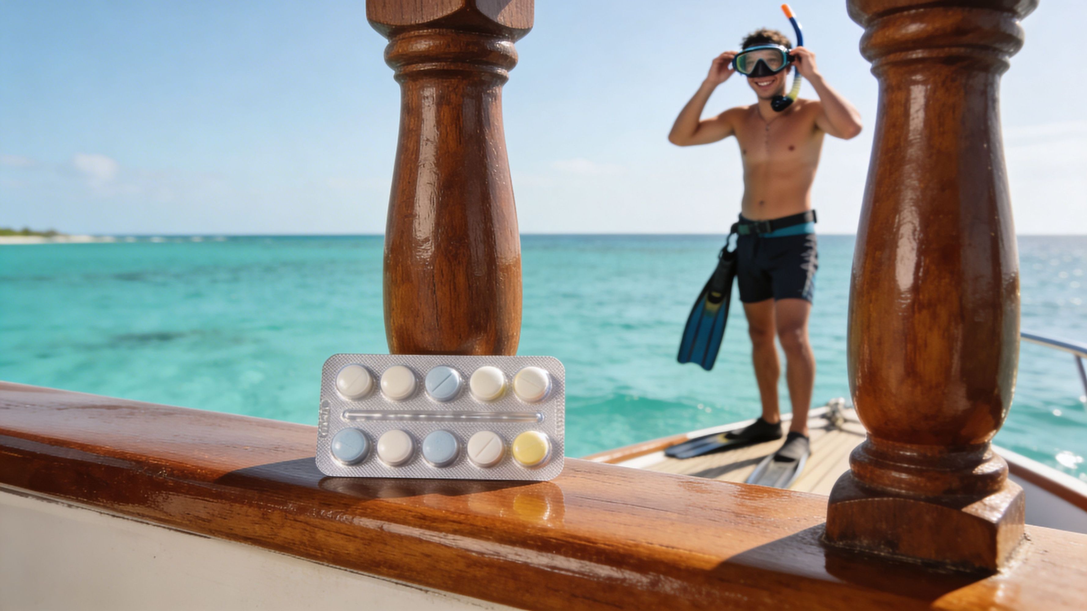Blister pack of pills on a boat railing, with a person in snorkel gear in the background.