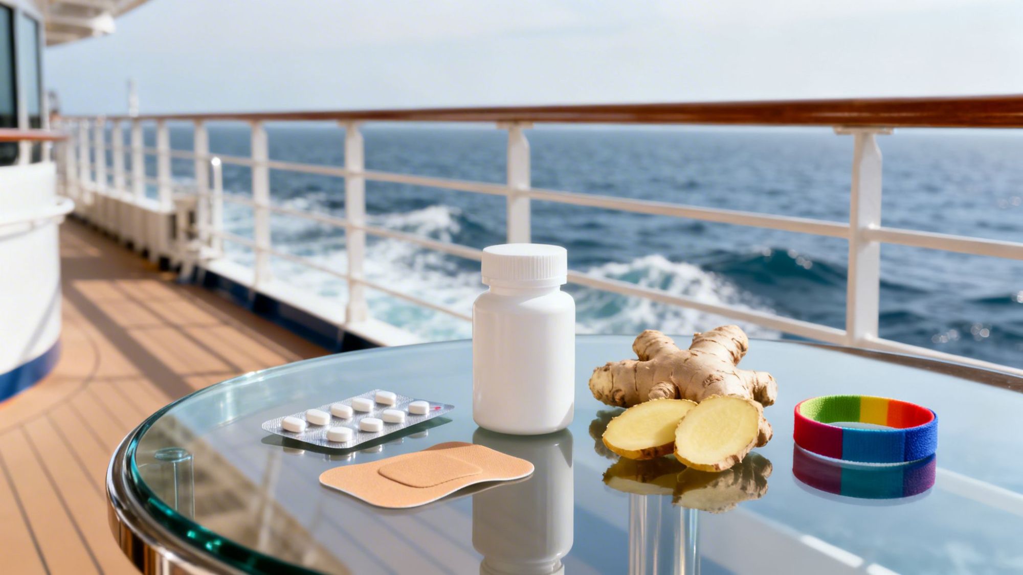 Cruise ship deck with seasickness remedies on a table.