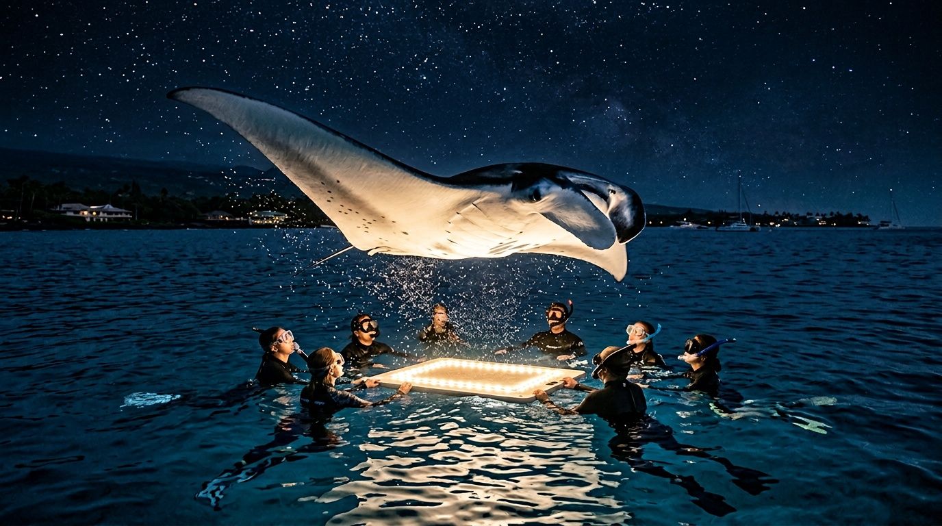 Group of divers with a manta ray under night sky in illuminated water.