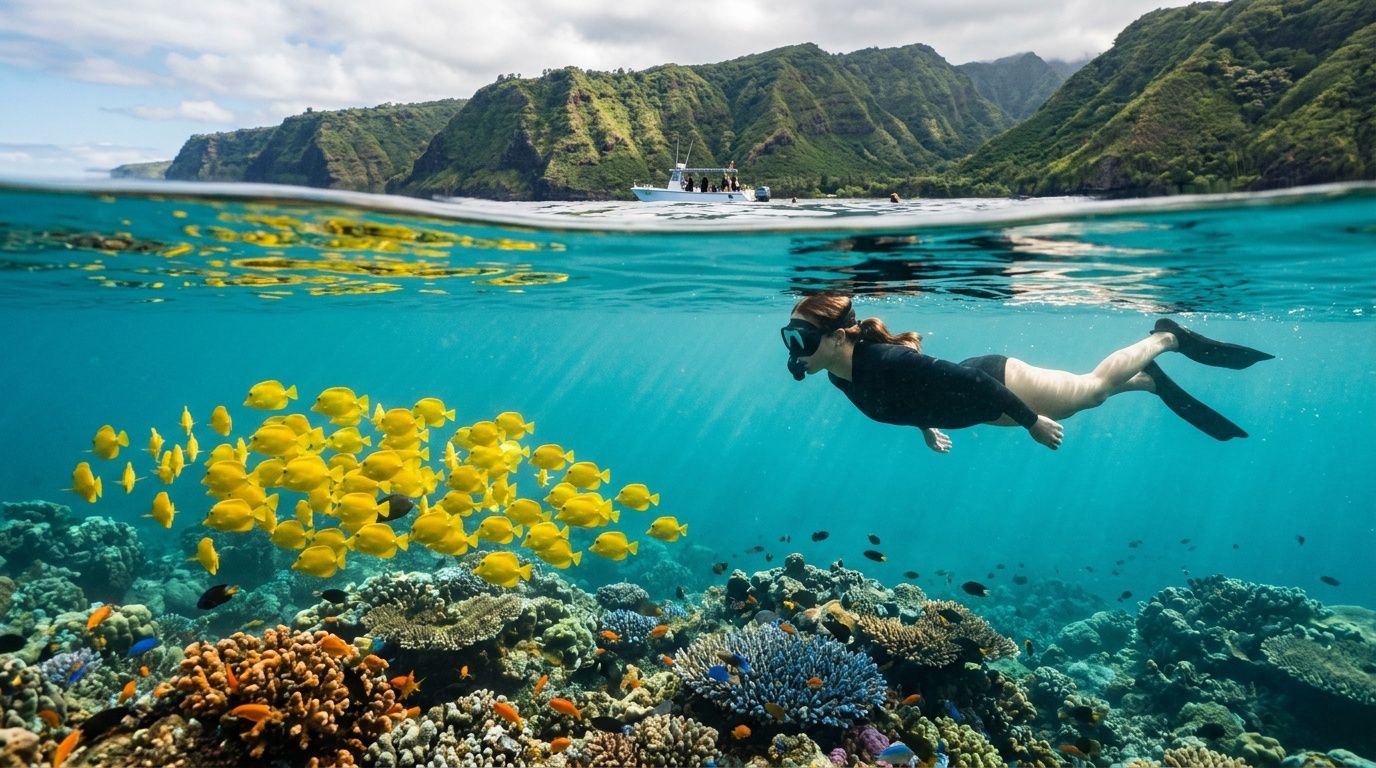 Person snorkeling near a coral reef with yellow fish and mountainous coastline in the background.