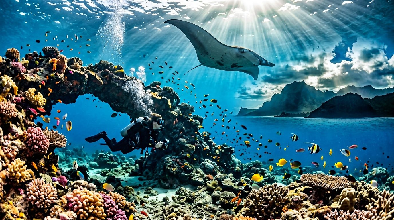 Scuba diver near coral reef with manta ray and colorful fish under sunlight.