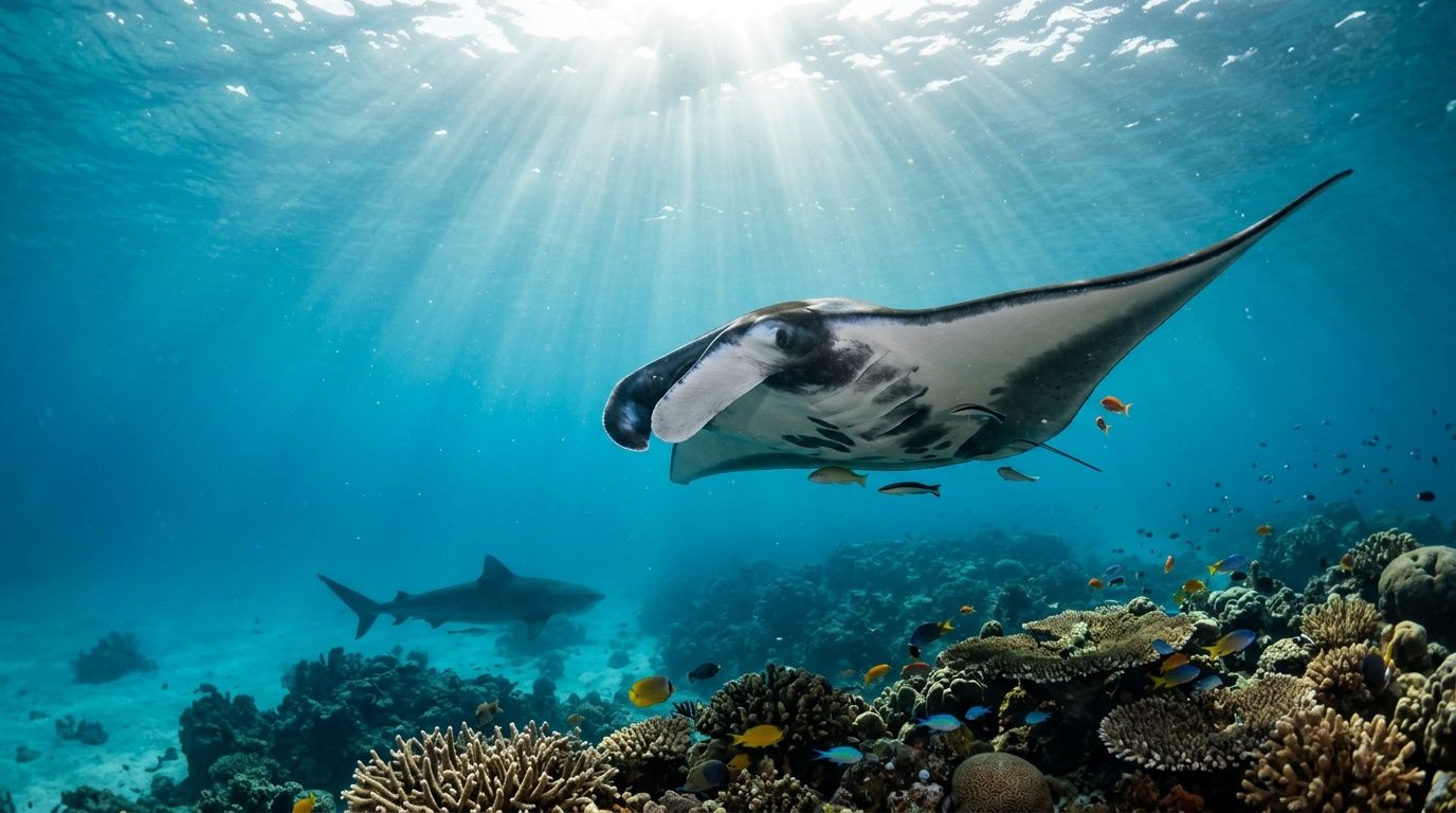Manta ray swimming over coral reef with shark in background, under sunlit water.