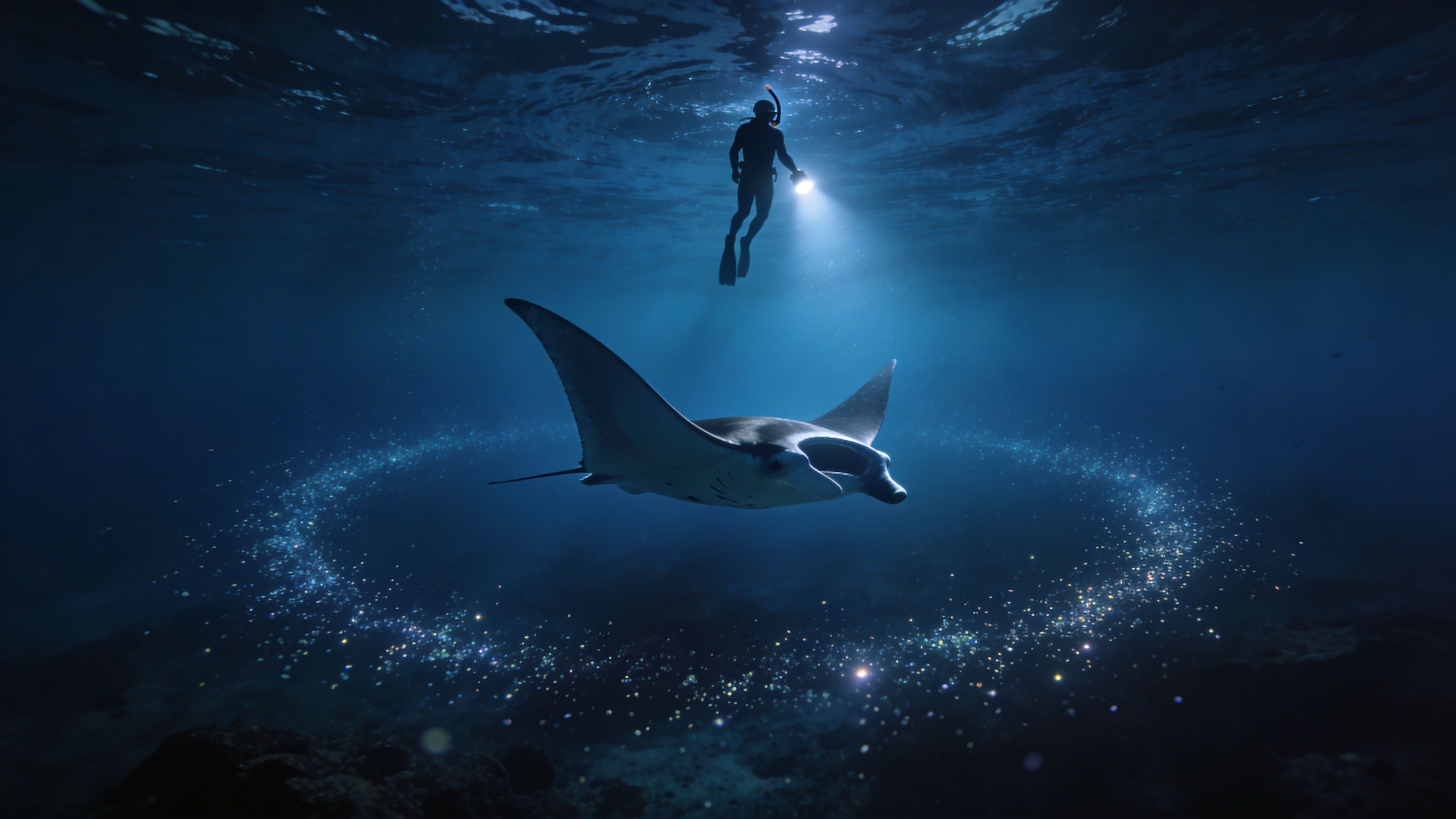 Diver with flashlight swimming above a manta ray encircled by bioluminescent sparkle in deep ocean.