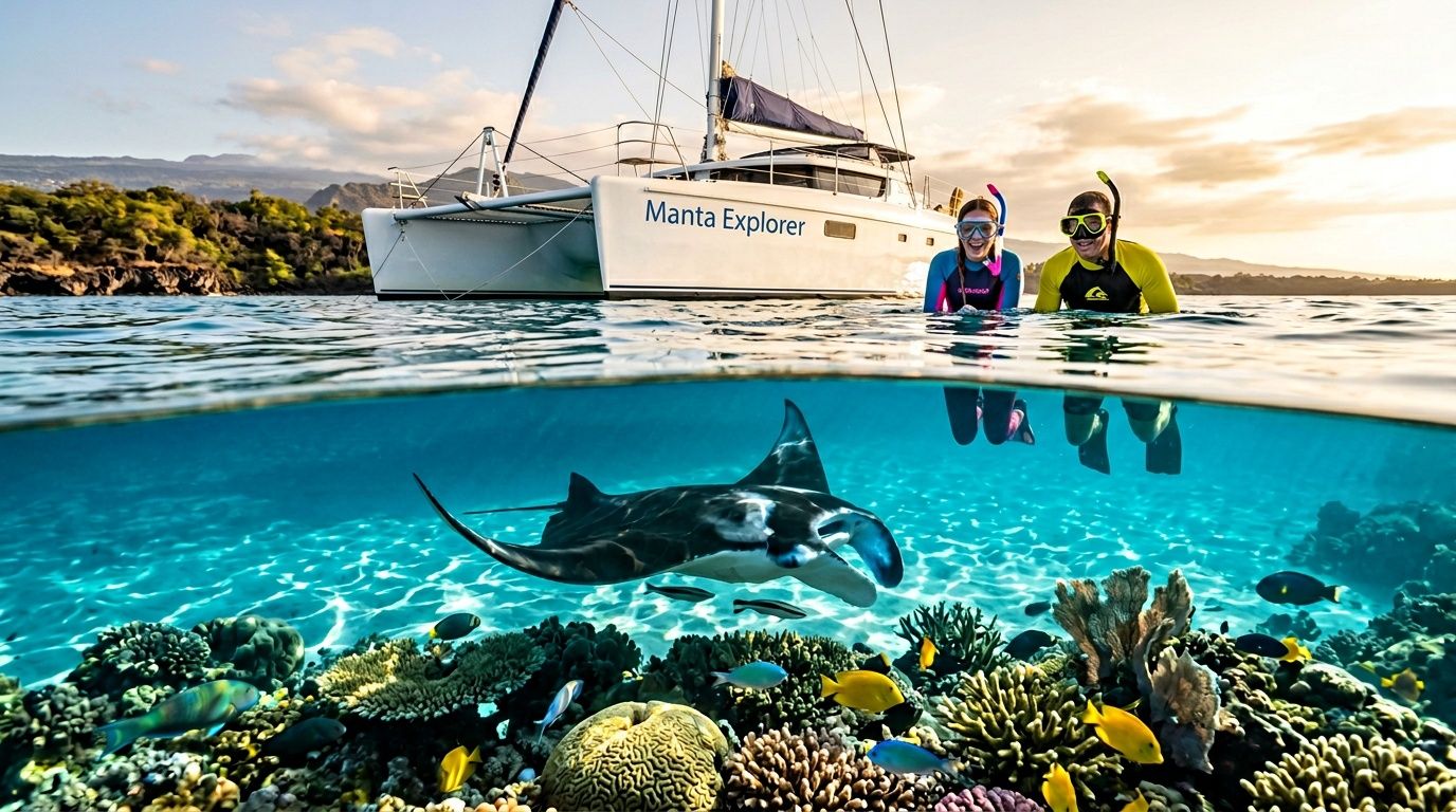 Snorkelers near boat observe manta ray over vibrant coral reef.