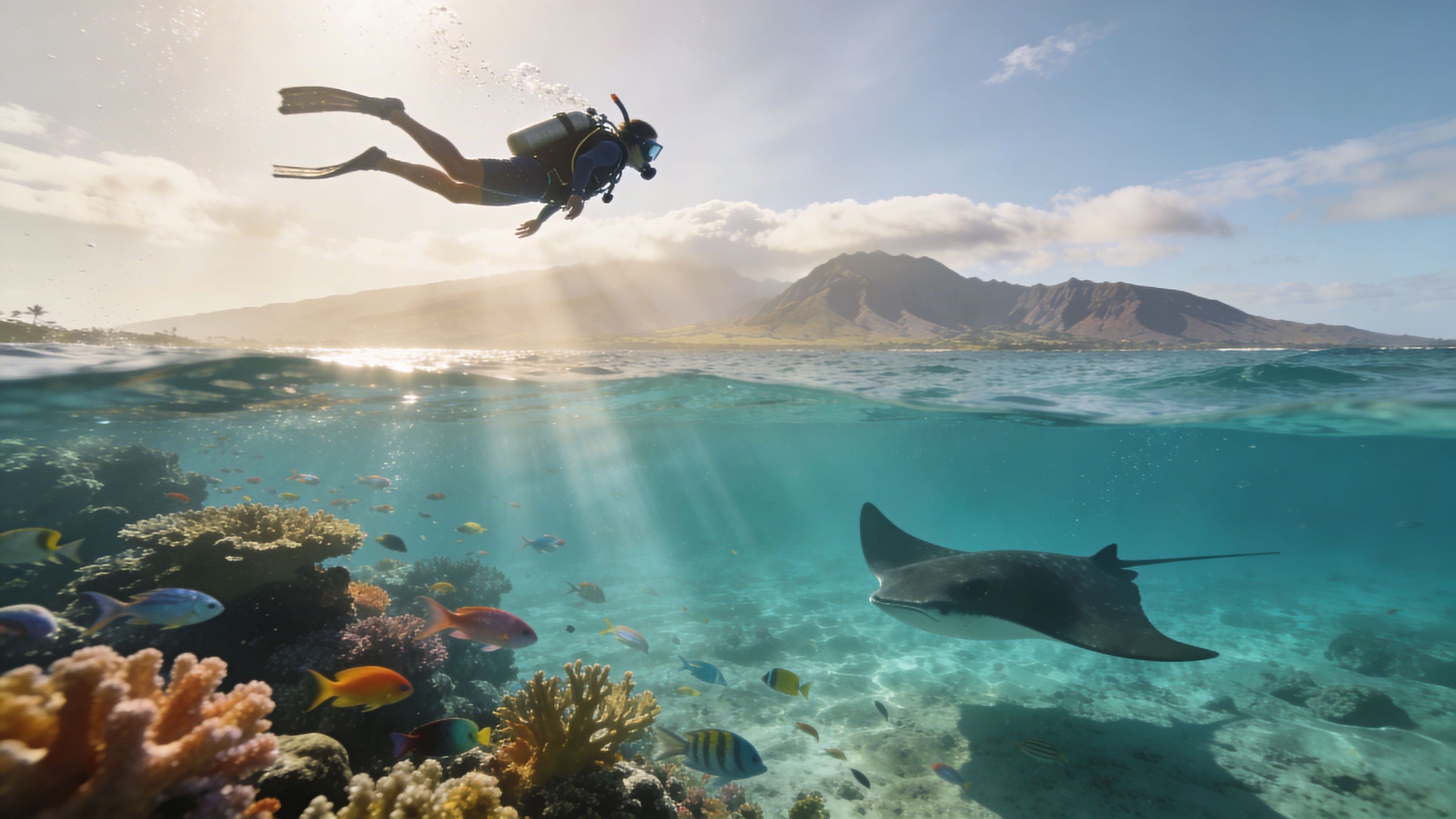 Scuba diver and manta ray in clear water above coral reef with fish, mountain background.
