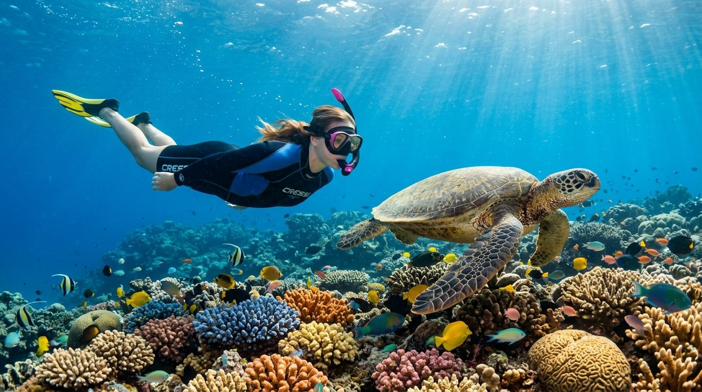 Person snorkeling near a sea turtle over colorful coral reef.
