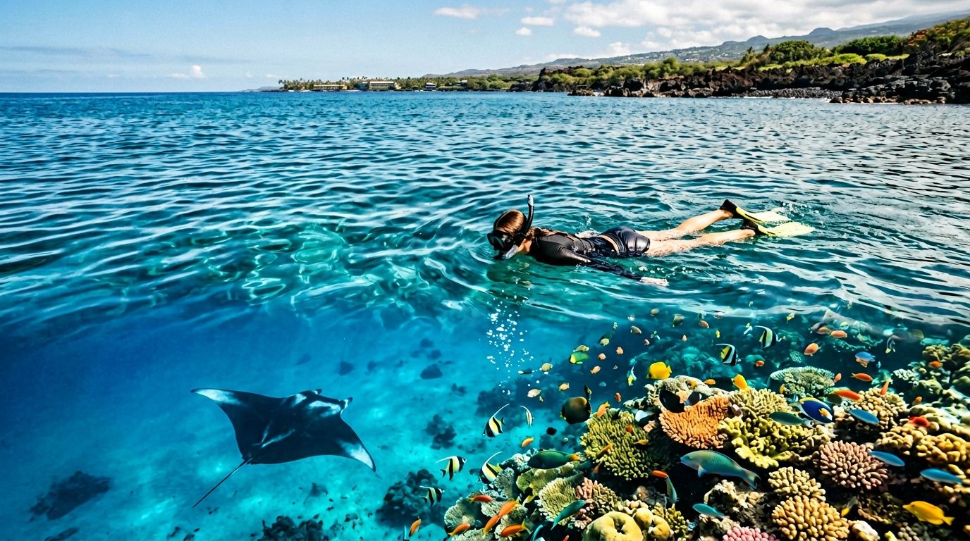 Person snorkeling in clear water with a manta ray and colorful coral reef below.