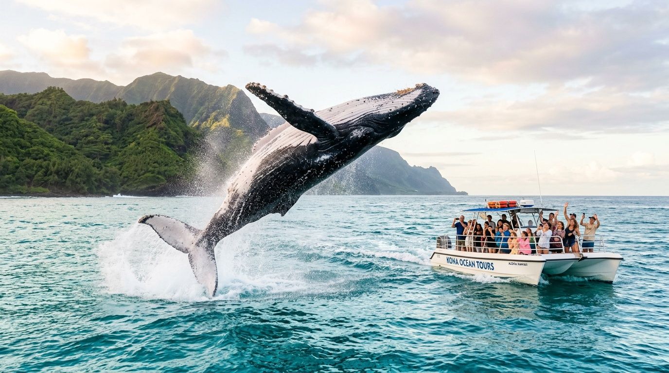 Whale breaching near a boat with passengers in a scenic ocean setting.
