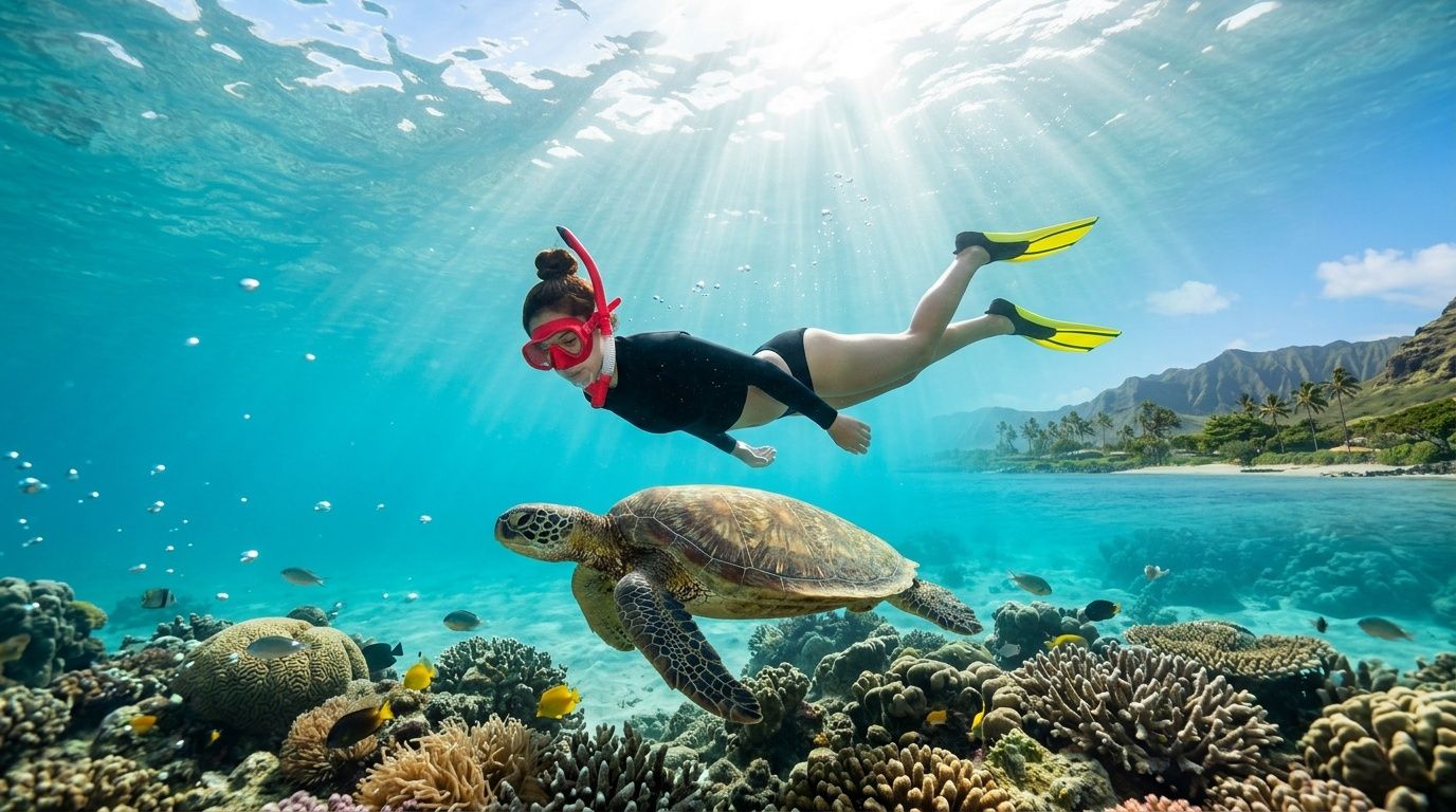 Snorkeler swimming above a sea turtle in clear ocean waters.