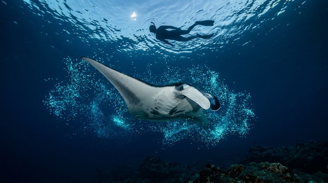 Underwater view of a swimmer above a manta ray with bubbles.