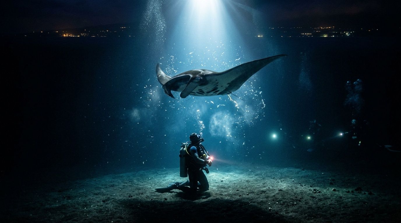 Diver illuminates a manta ray underwater at night.