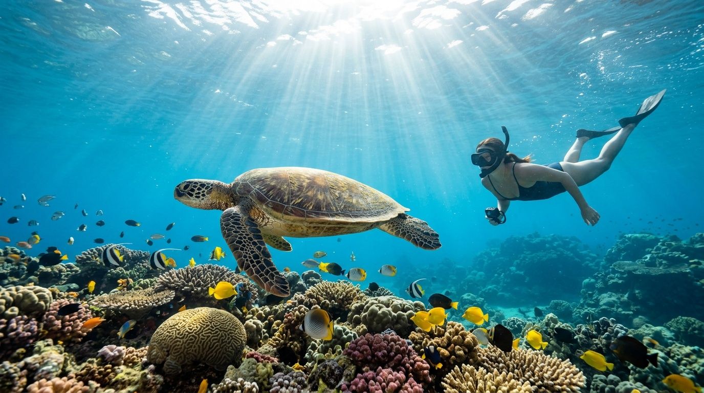 Snorkeler swimming near a sea turtle over a colorful coral reef with sun rays overhead.