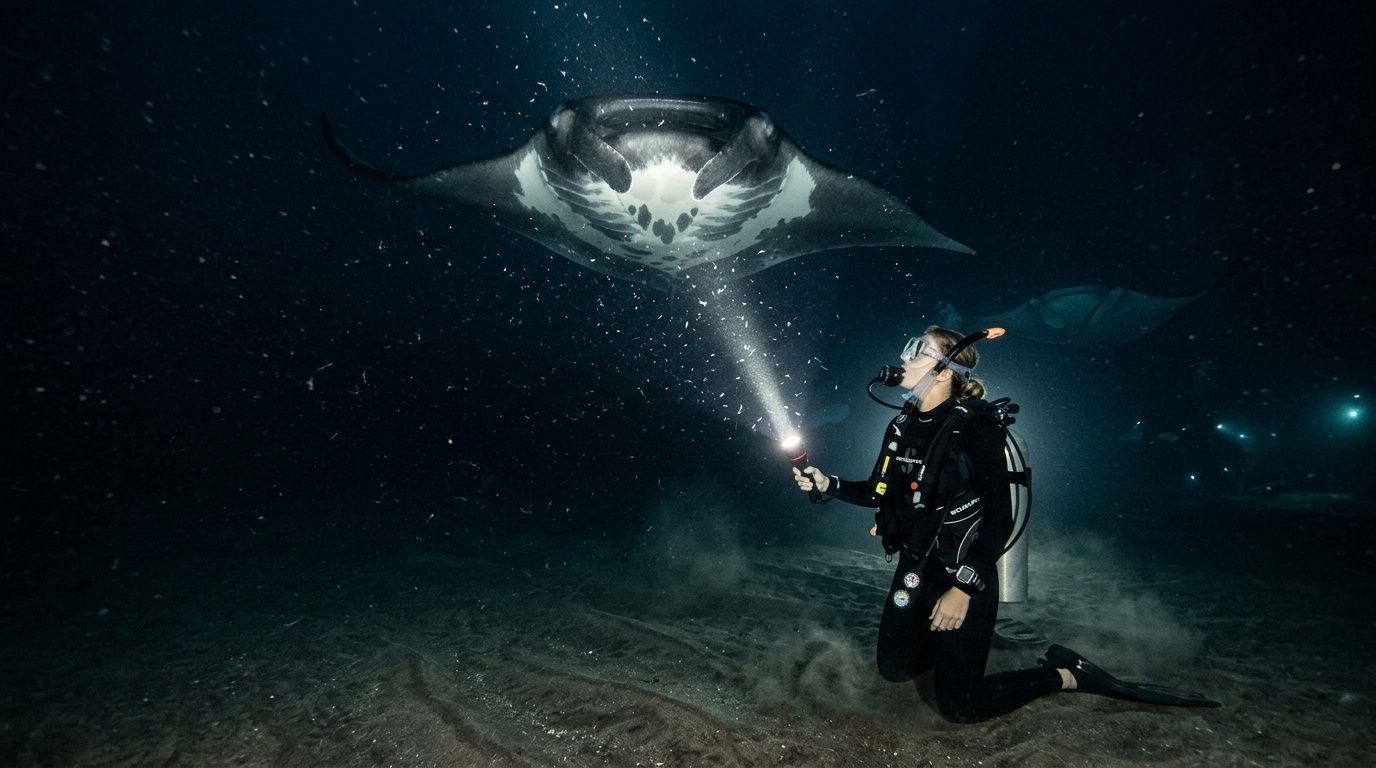 Diver with flashlight underwater facing a manta ray at night.