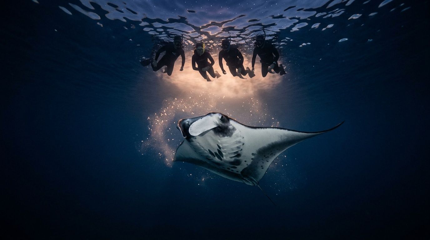 Giant manta ray swims beneath silhouetted snorkelers in dark water.