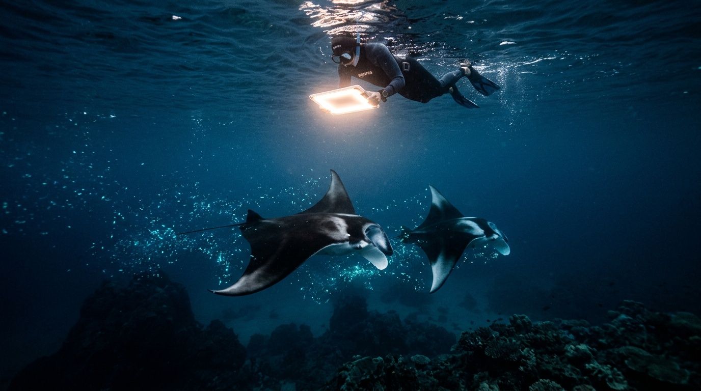 Snorkeler with light swims above two manta rays in dimly lit ocean.