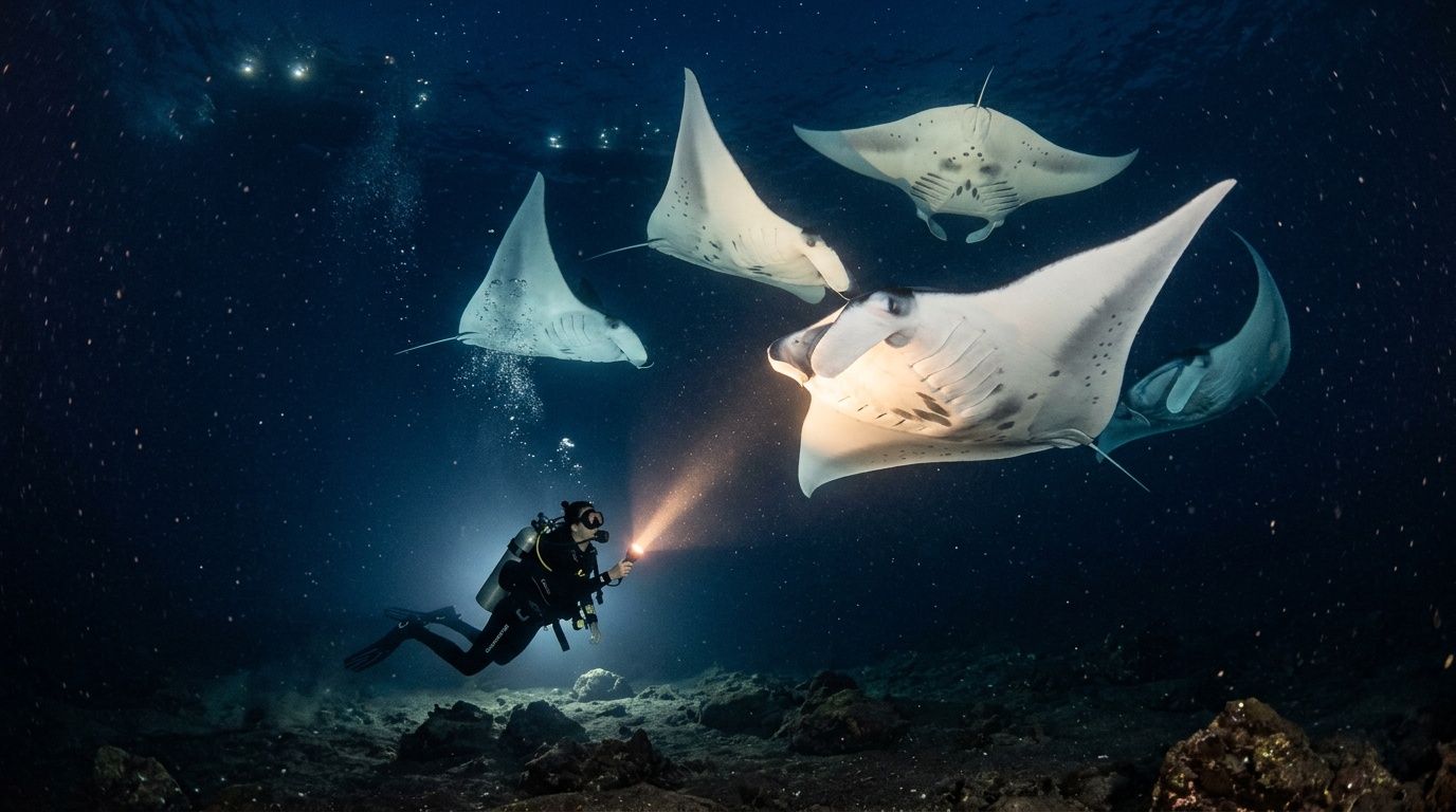 Diver with flashlight swimming near several manta rays underwater at night.