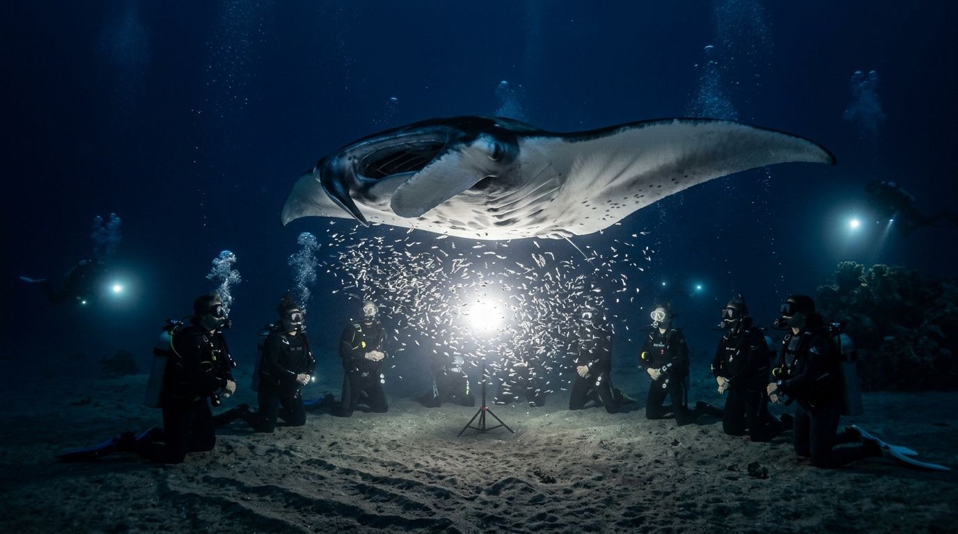 Divers underwater surround manta ray with lights in dark ocean.