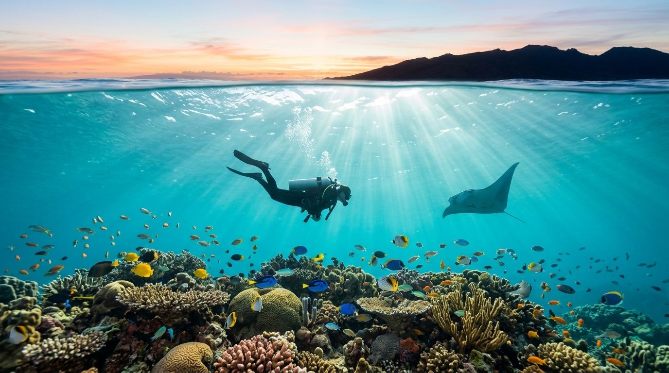 Diver and manta ray above vibrant coral reef under sunrise ocean.