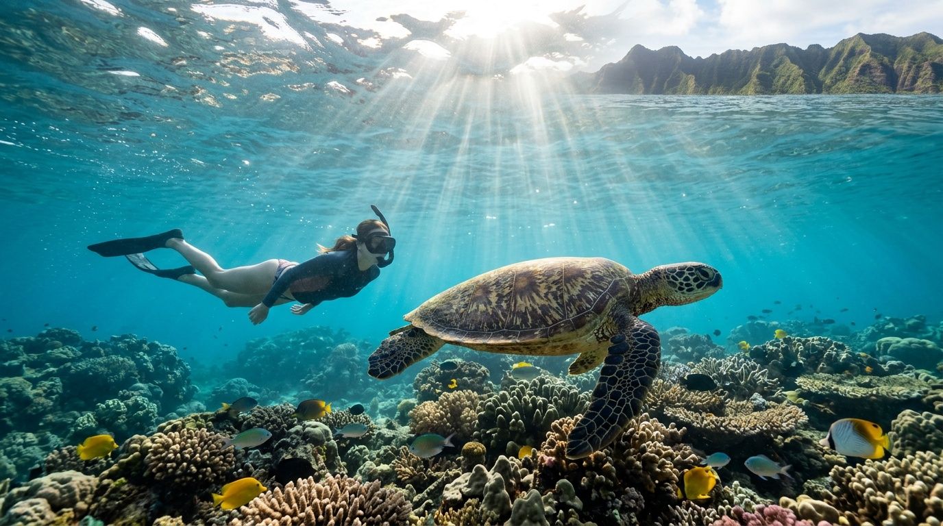 Snorkeler swimming near a sea turtle above coral reefs in clear blue water.