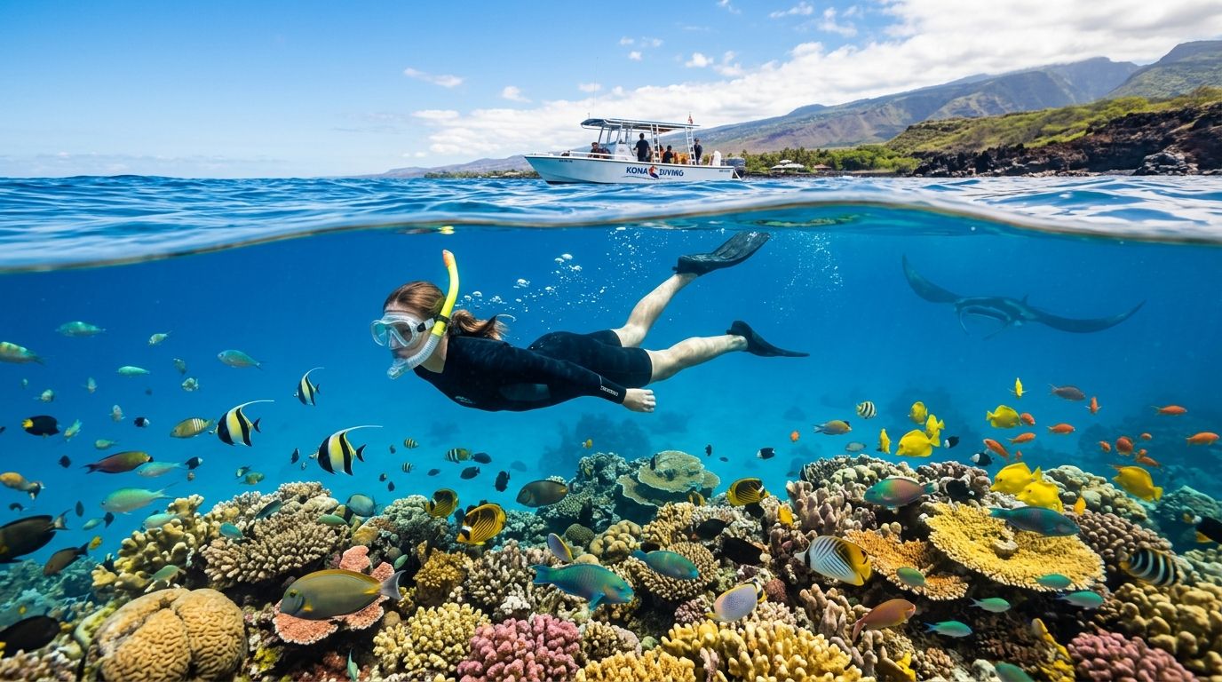 Person snorkeling above colorful coral reef, fish visible, boat and mountains in background.