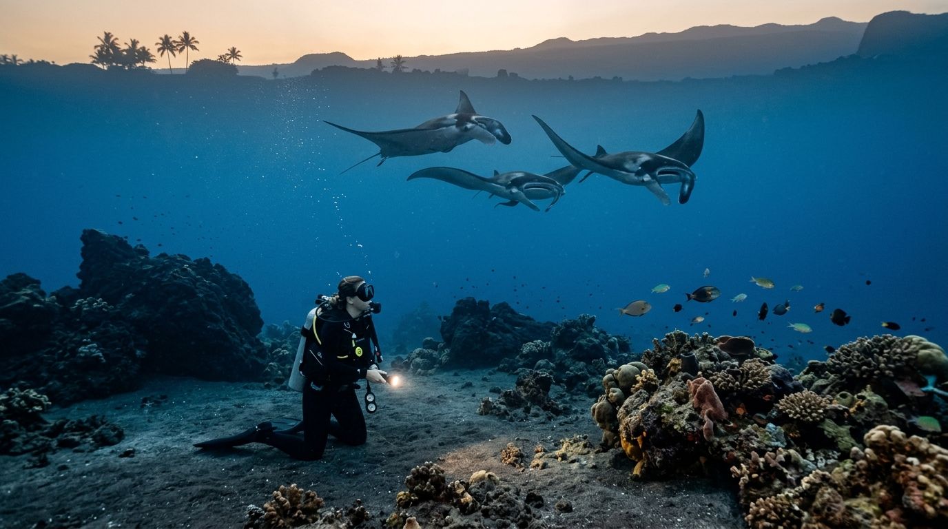 Diver kneeling underwater near coral, observing manta rays and fish.