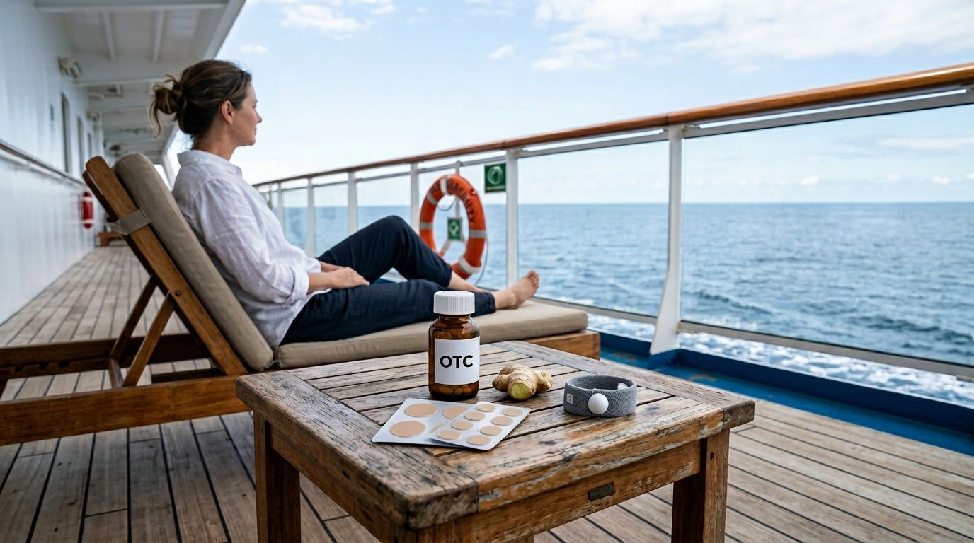 Person relaxing on cruise deck with OTC pills on table, gazing at ocean.