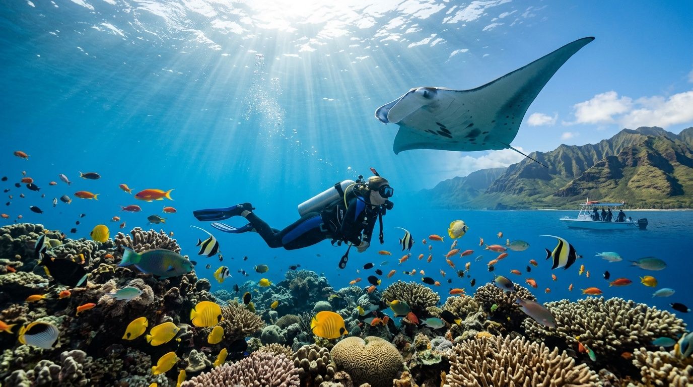 Diver swims near coral reef with colorful fish, manta ray overhead, and boat in the distance.