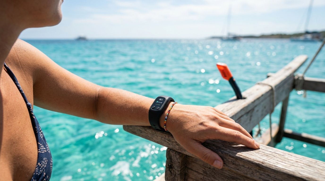 Person wearing a smartwatch by the sea, resting on a wooden railing.