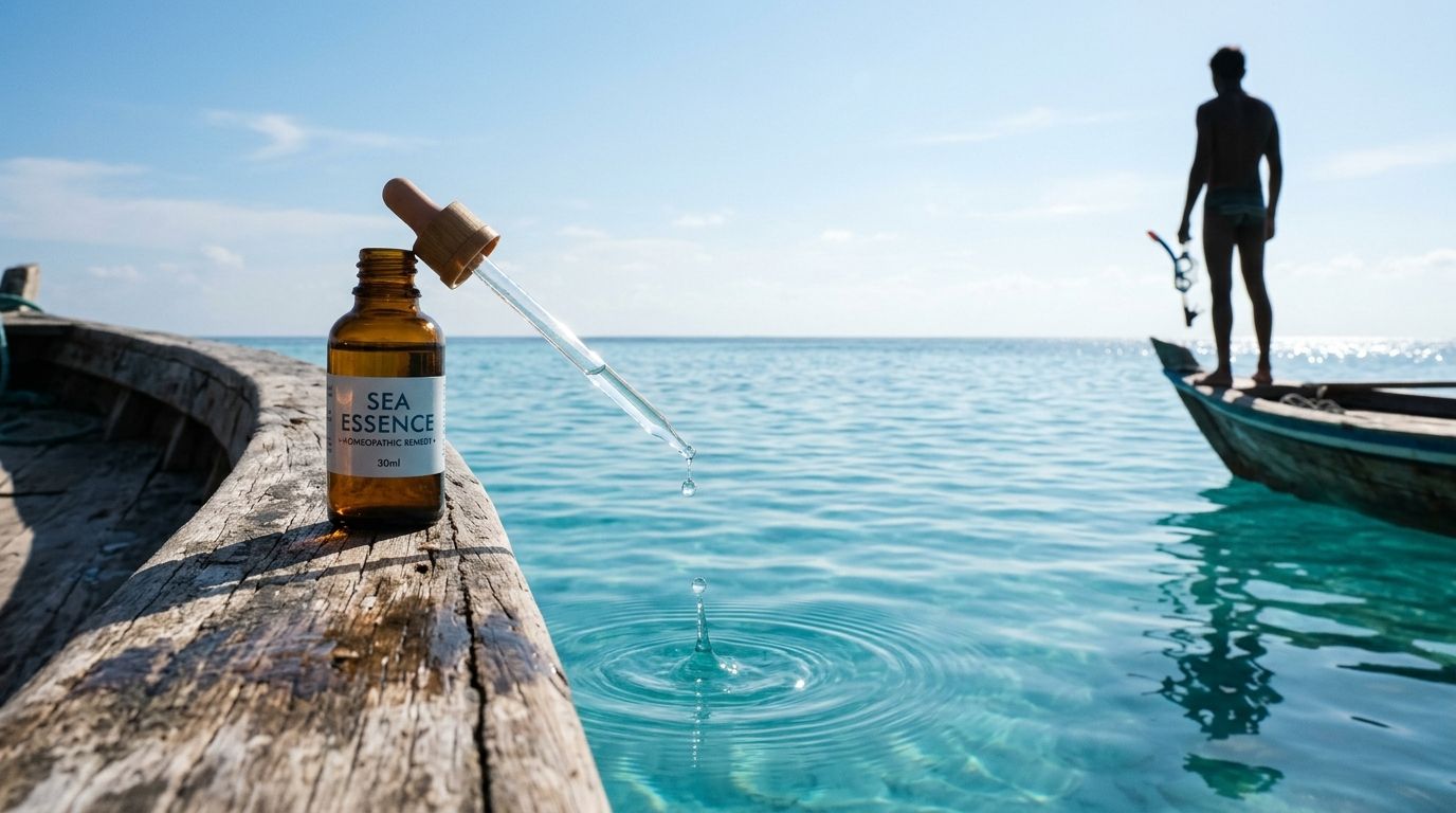 Bottle with dropper on boat by ocean; person with snorkel in distance.