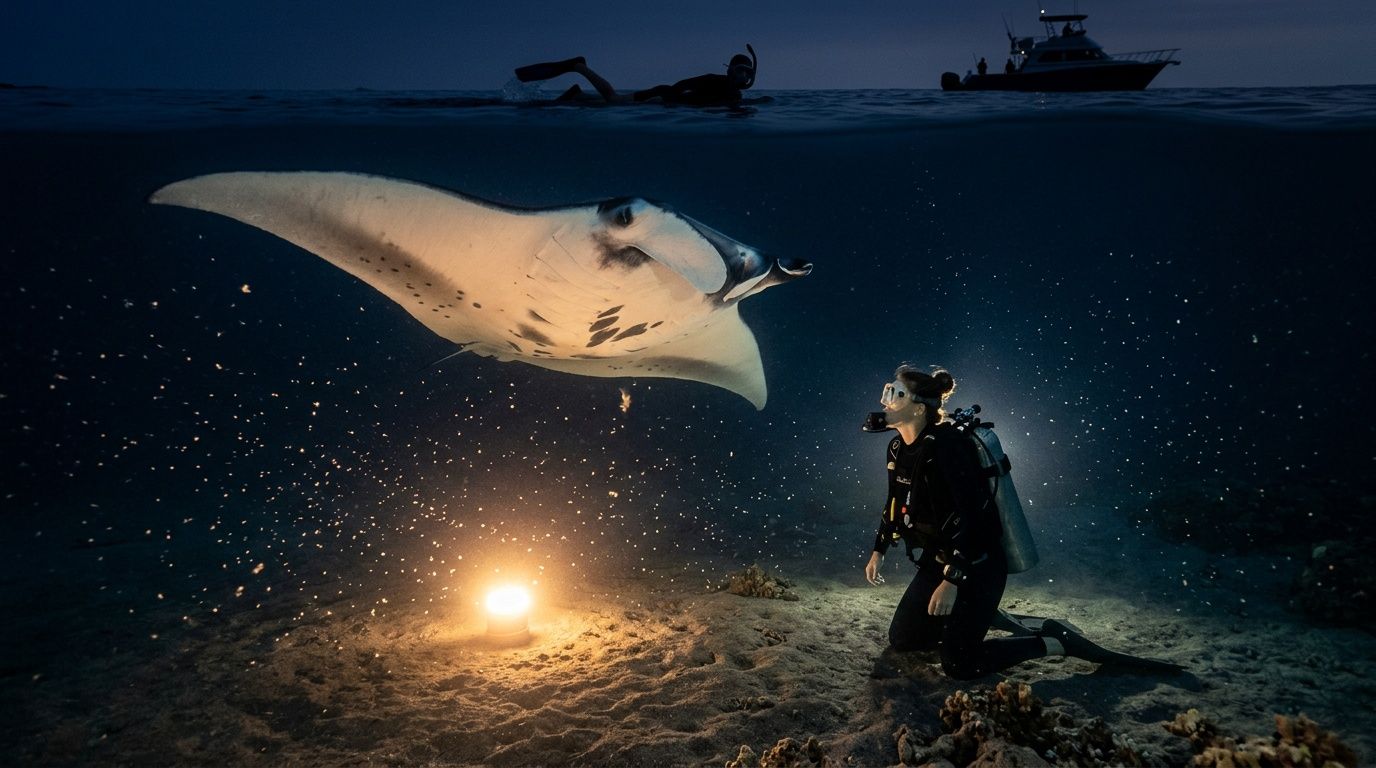 Scuba diver and manta ray illuminated underwater, with boat and snorkeler above.