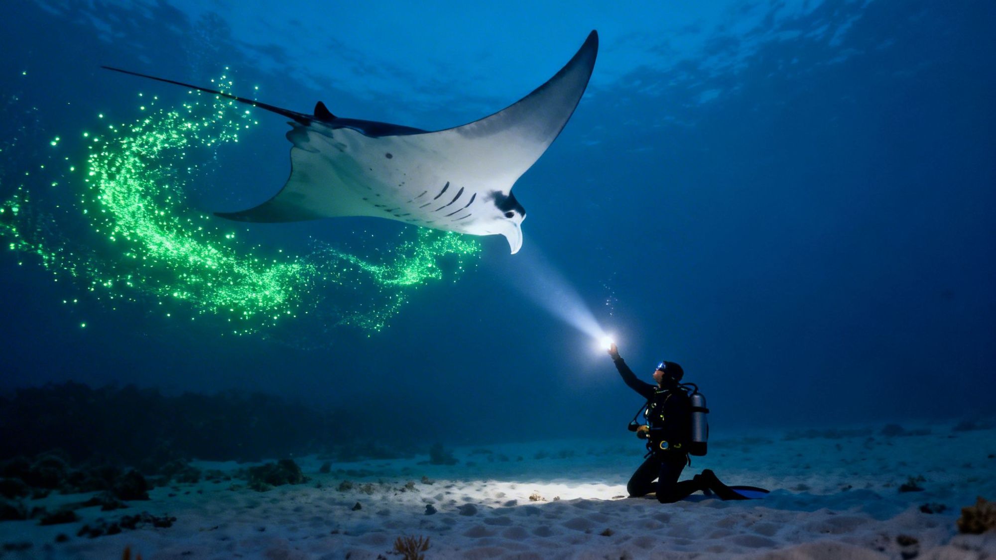 Diver with flashlight near a manta ray with glowing green particles underwater.